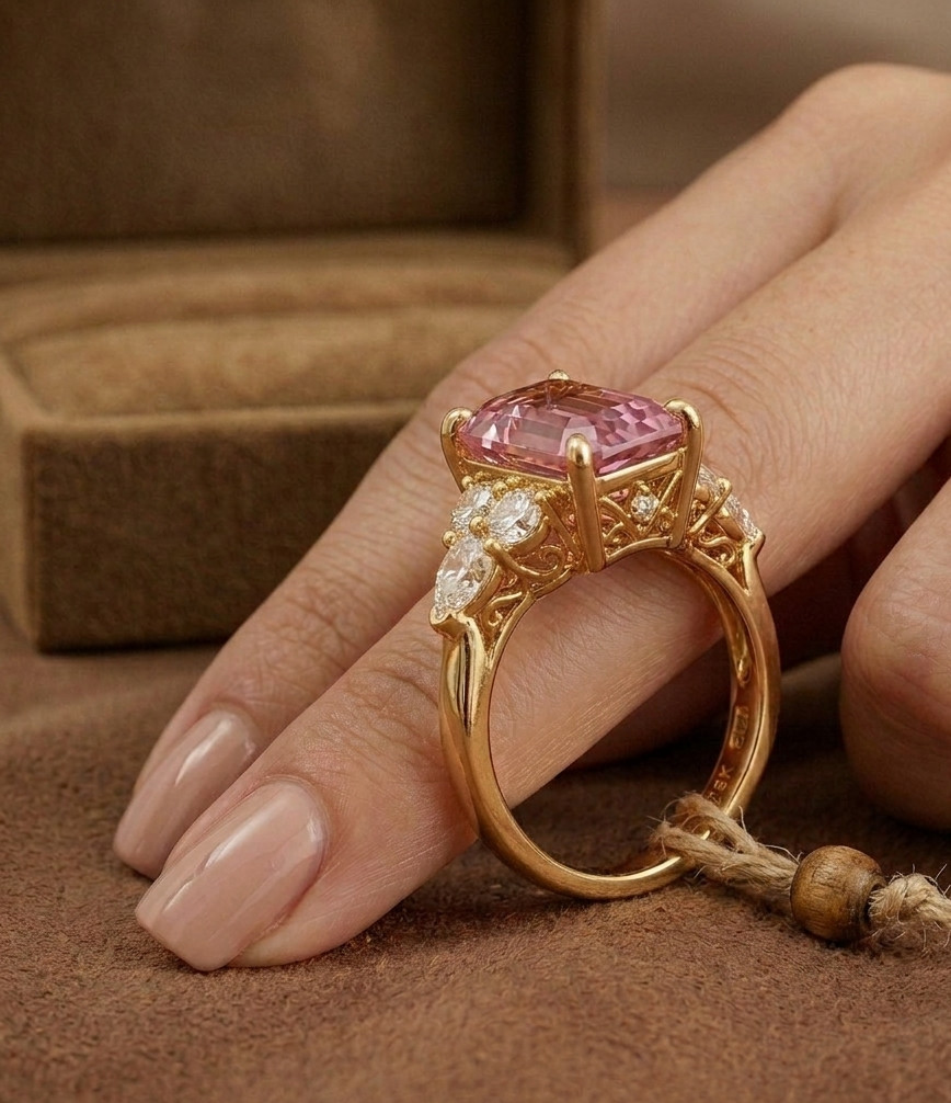 Natural Pink Sapphire & Diamond Wedding Gift Ring 14k Yellow Gold (Import Free)
