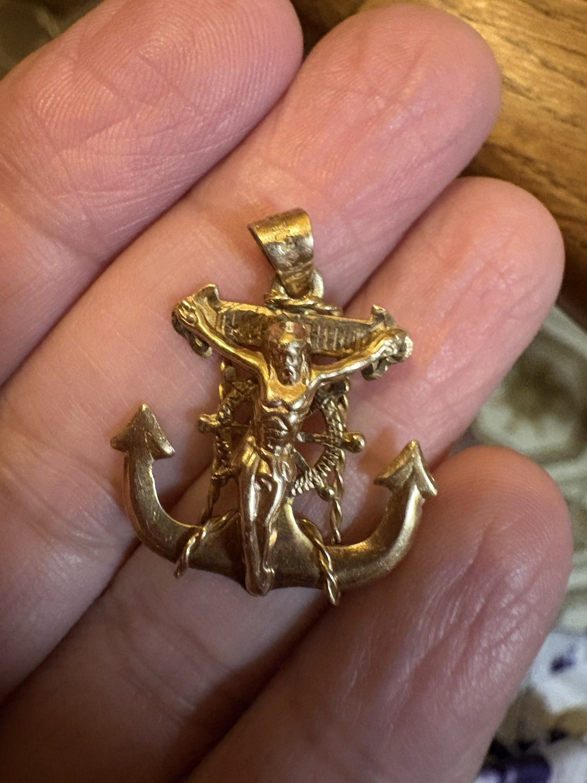 10k Solid Gold Jesus Crusifix Wheel Mariners Anchor Cross Pendant 1.25”