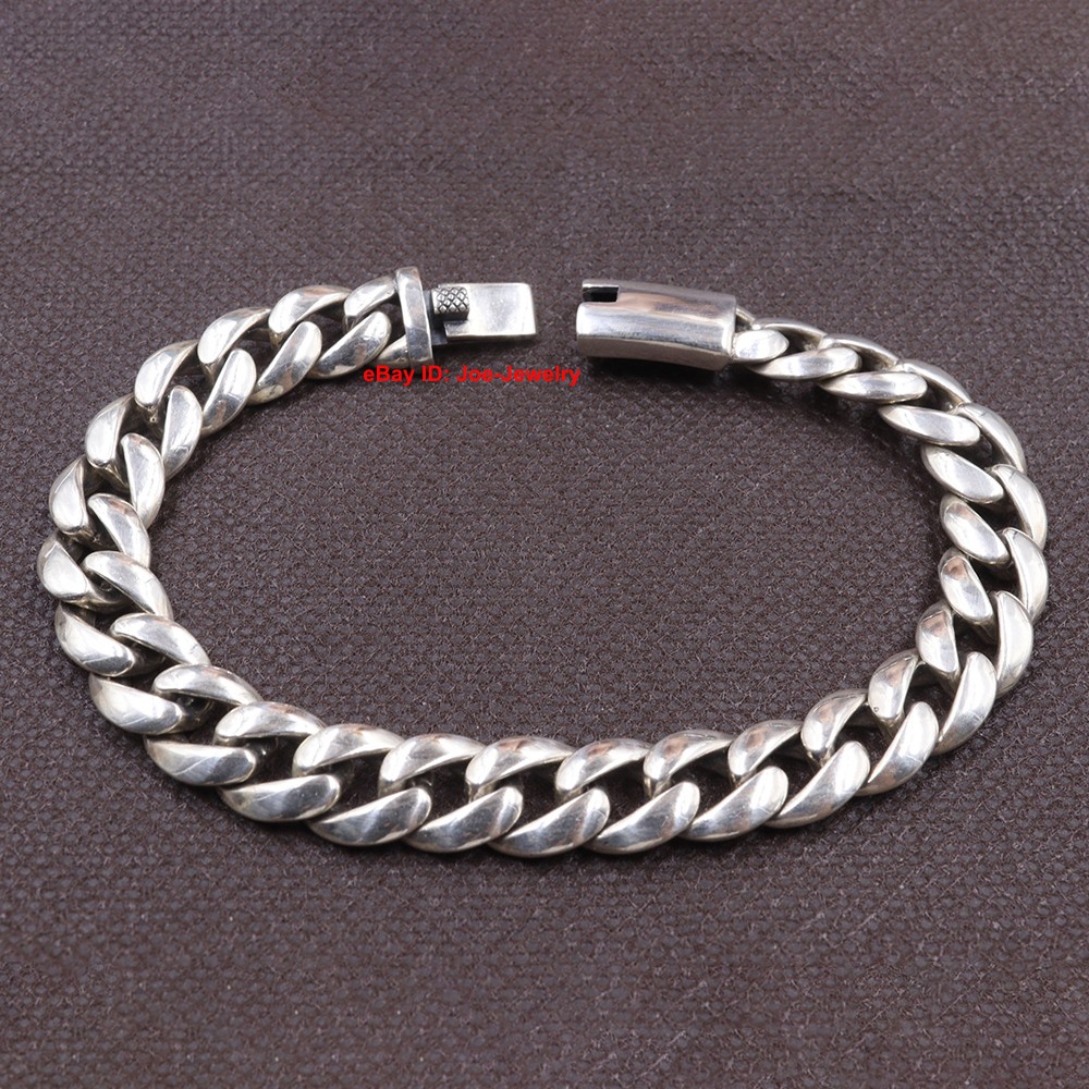 Real 925 Sterling Silver Men’s Bracelet 10mm Curb Link Chain Bracelet 8.26inch
