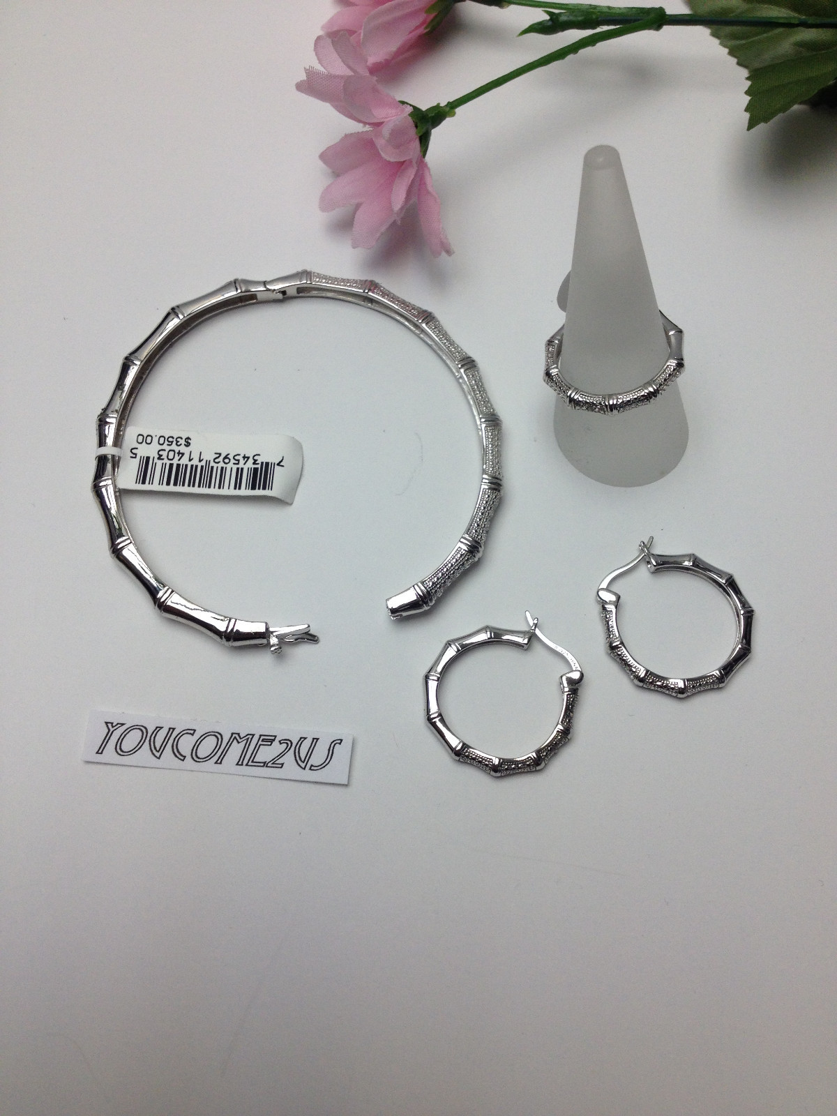 3pc Set LADY DIAMOND EARRINGS + BRACELET + RING size 8 925 STERLING SILVER $350