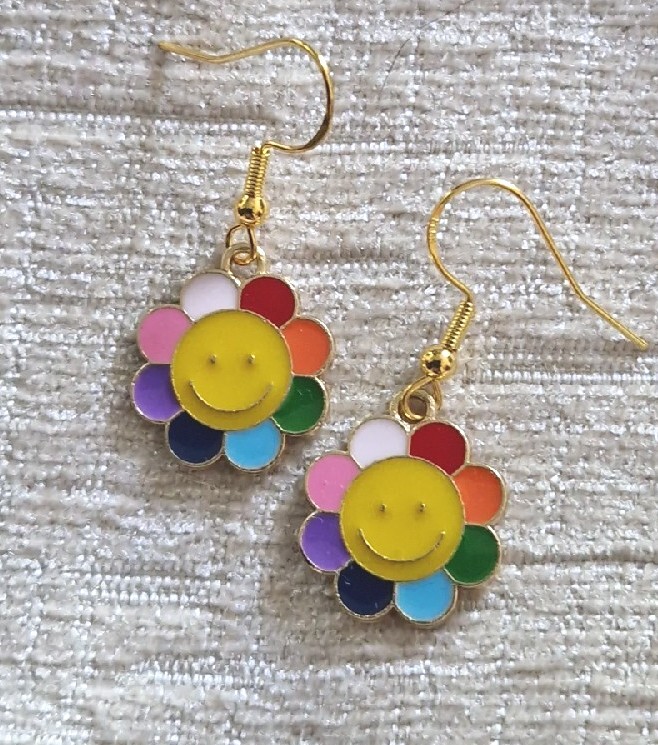 Multi coloured happy flower charm drop earrings on 925 gold fish hooks, fun gift