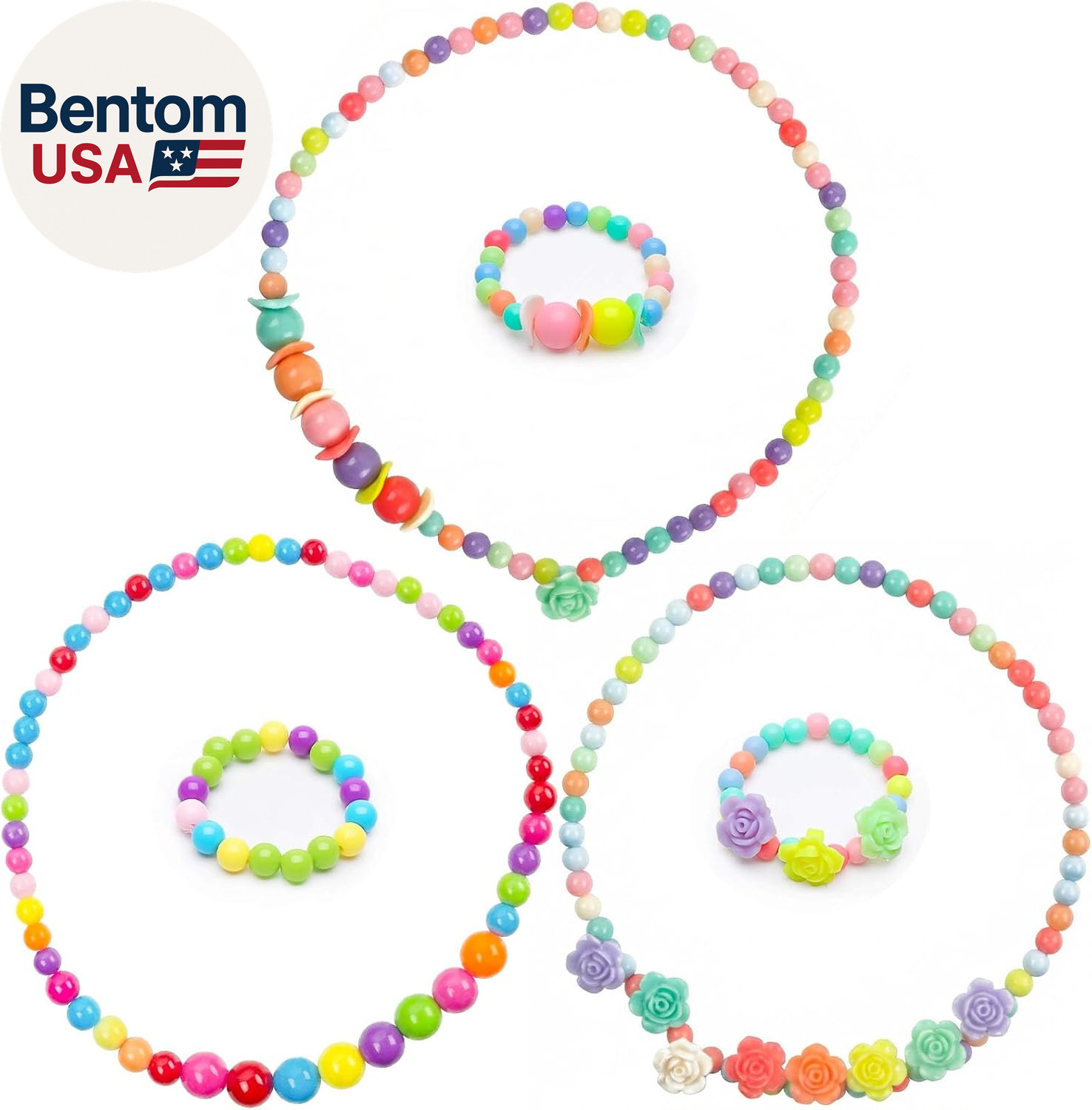 Toddler Necklace Bracelet, 3 Sets Kids Jewelry for Girls Colorful Beads, Costume