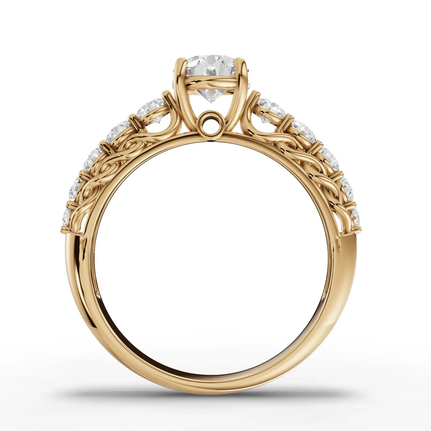 0.94 Ct Round Solitaire Lab Grown Diamond Side Stone Ring 18K Yellow Gold