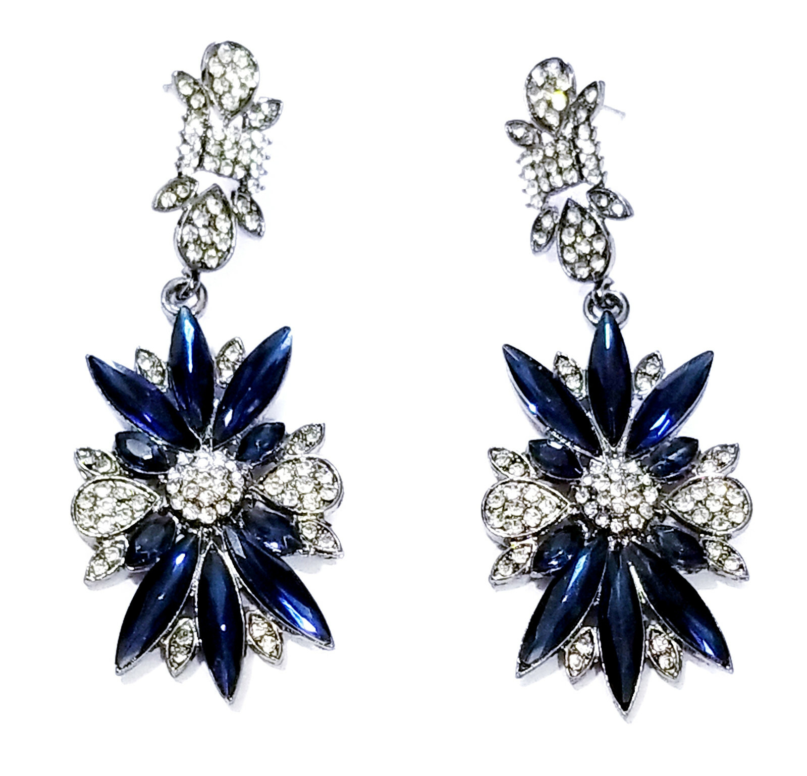 Rhinestone Chandelier Drop Earrings Steampunk Prom Pageant Jewelry 2.8 in Blue