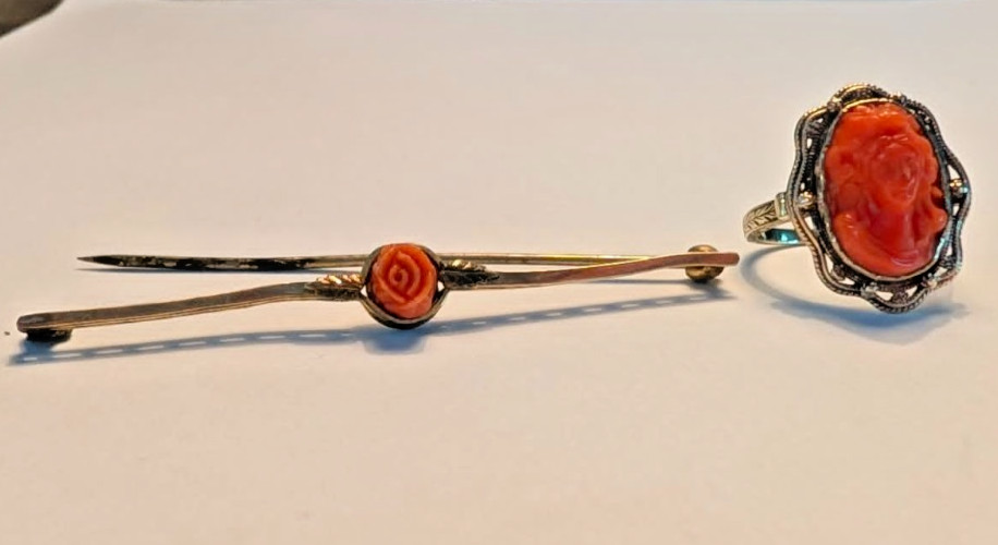 Antique Salmon-colored Coral Cameo 14K Ring and Victorian Stick Pin