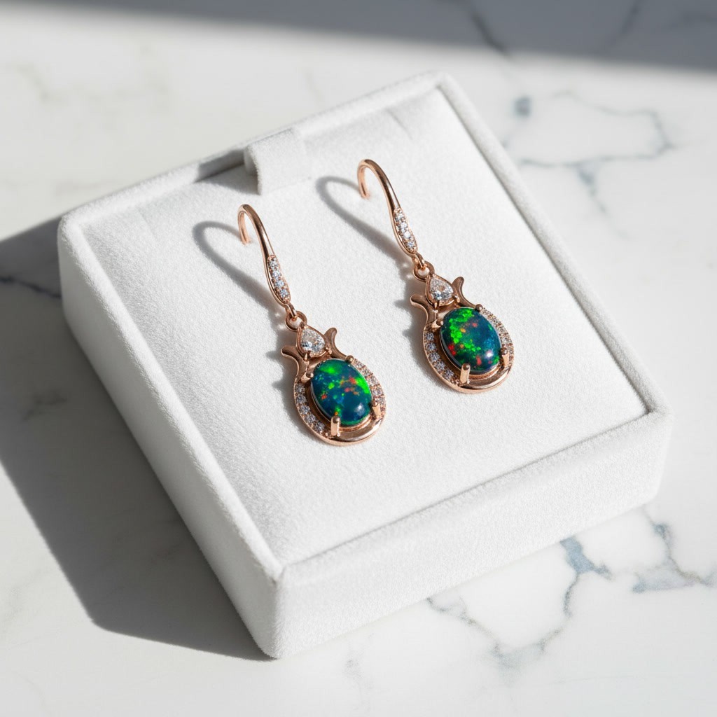 Black Fire Opal Dangle Earrings 6x8mm, 925 Sterling Silver Black Opal Earrings