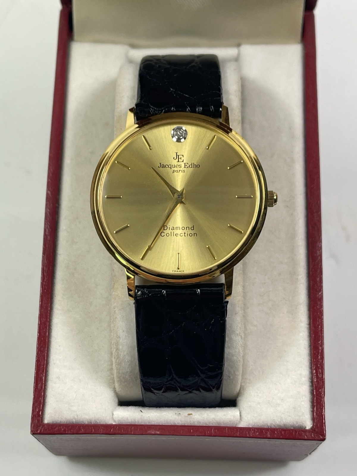 Jacques Edho Ladies Watch 18K Plated Diamond Dial Black Leather