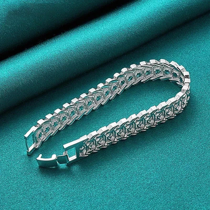 925 Sterling Silver Pattern Flower Wide Wristband Bracelet Chain Fashion Jewelry