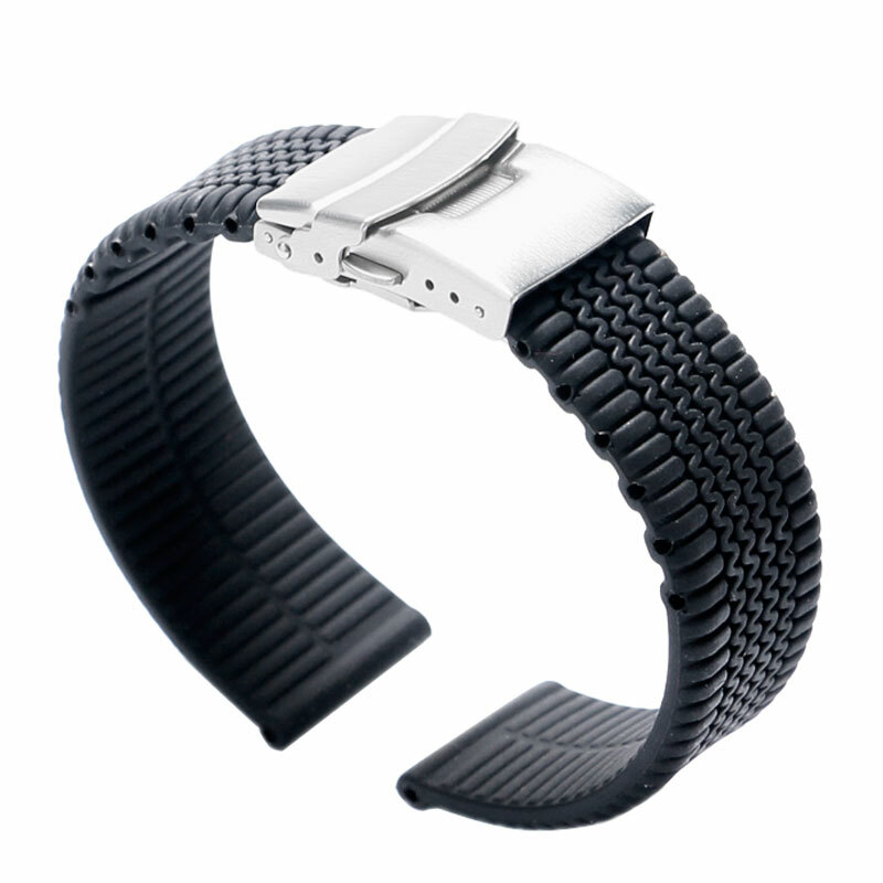 Black Silicone Watch Strap Band Waterproof Tire Link Fold Over Clasp with Safety