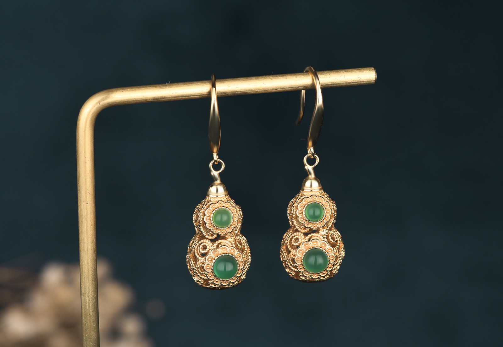 Jade Drop Dangle Earrings Hollow-carved Gourd Gemstone Ear Hook 18K Gold Plated