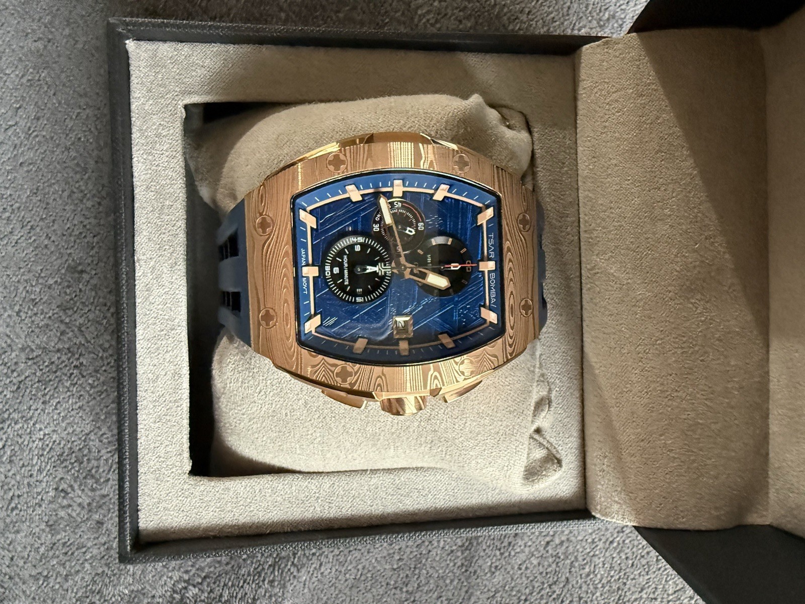 TSAR BOMBA Men’s Quartz Chronograph Date Blue Dial Rose Gold Tonneau w Box