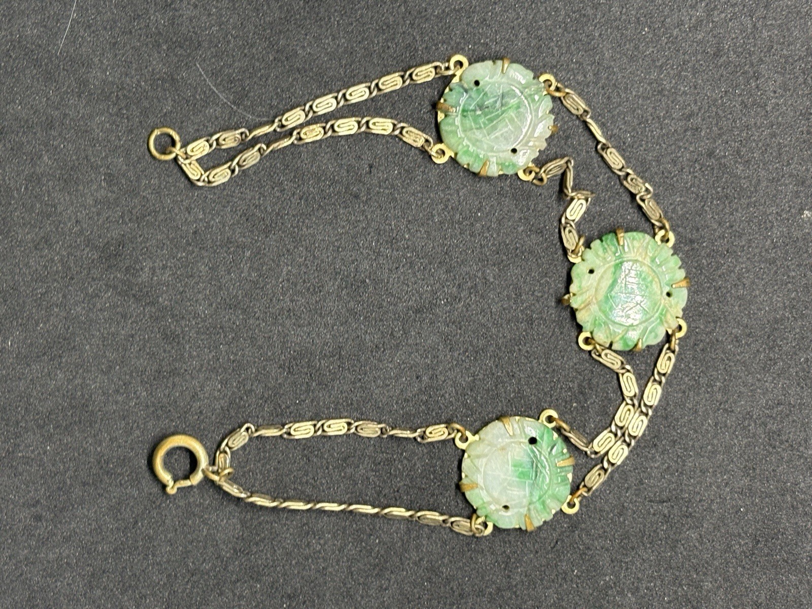 Antique Chinese Export Art Deco Brass Link Carved Jade Disc Chain Bracelet 7”