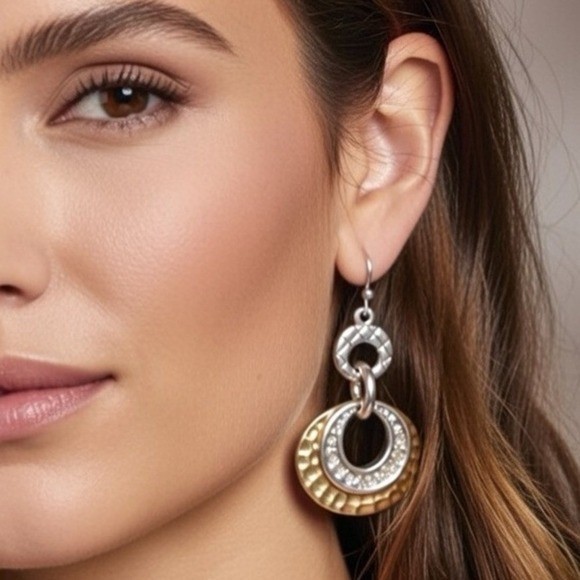 Chico’s Two Tone Gold Silver Metal Earrings Sparkling Pave-set rhinestones