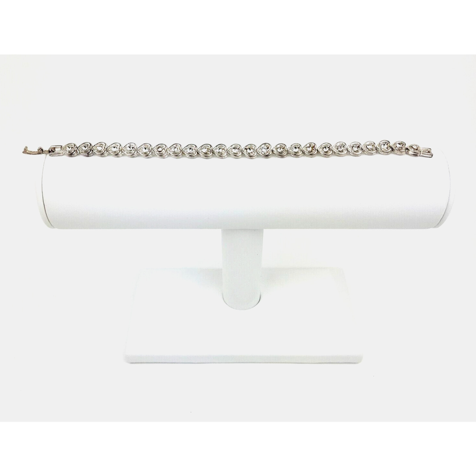 Heart Shaped Tennis Bracelet Silver Tone Link with Rhinestones Fold Over Clasp