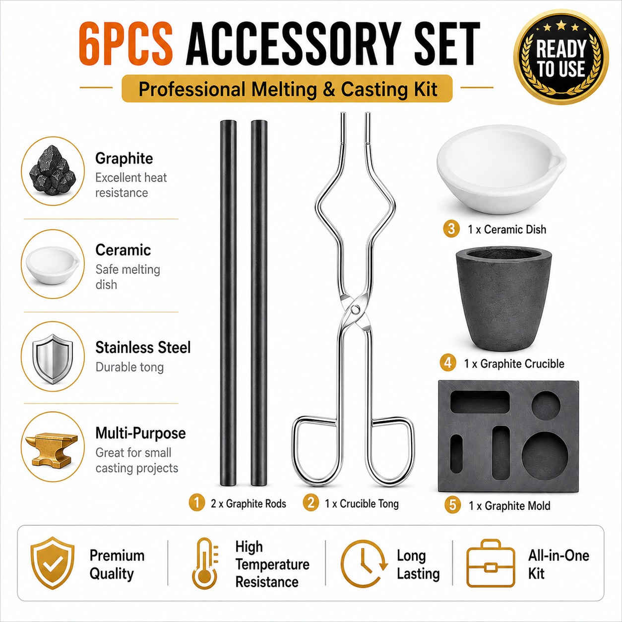 6Pack Metal Melting Refining Kit Graphite Mold Crucible Tongs Rods Copper