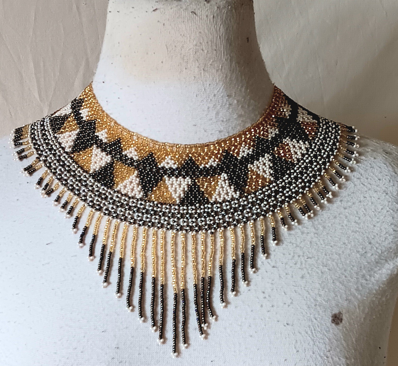 Black and Gold Beaded Fringe Necklace Statement Collar Bib Jewelry Artisan Made