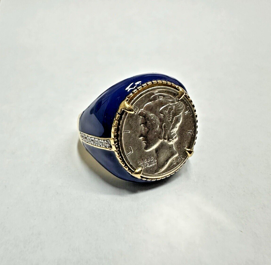 US Mercury Dime Coin Gold-Plated Sterling Silver Signet Ring Size 6, Mens Womens
