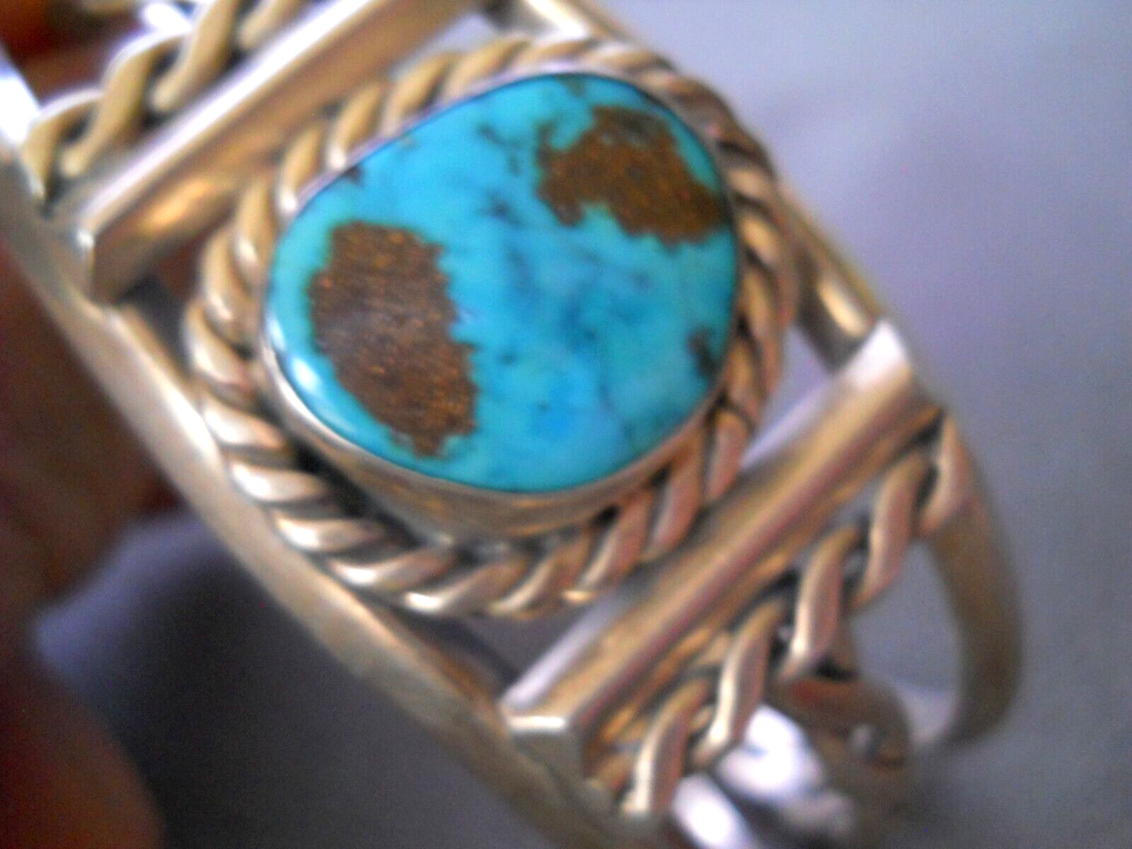 Native American Navajo Rich Blue Turquoise Sterling Silver Rope Cuff Bracelet