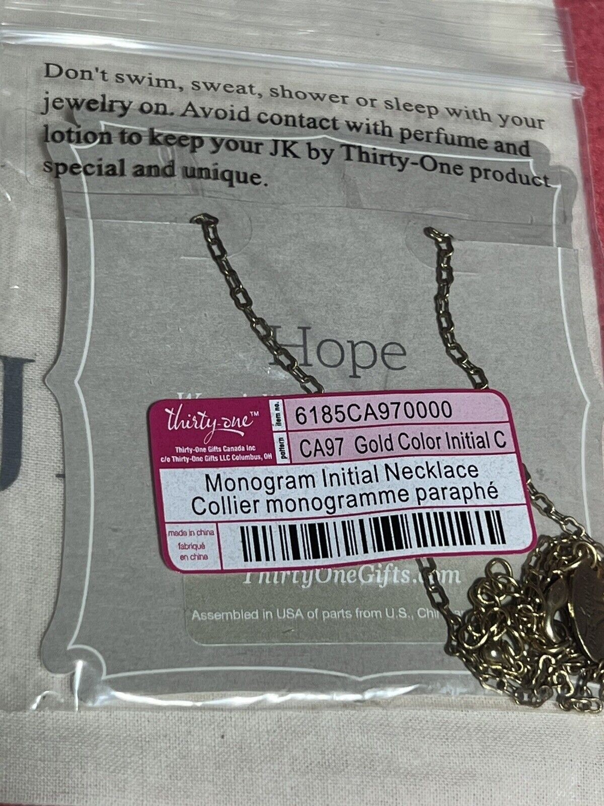 JK by Thirty One Initial Monogram C Necklace Gold Tone 20″ Gold NIB