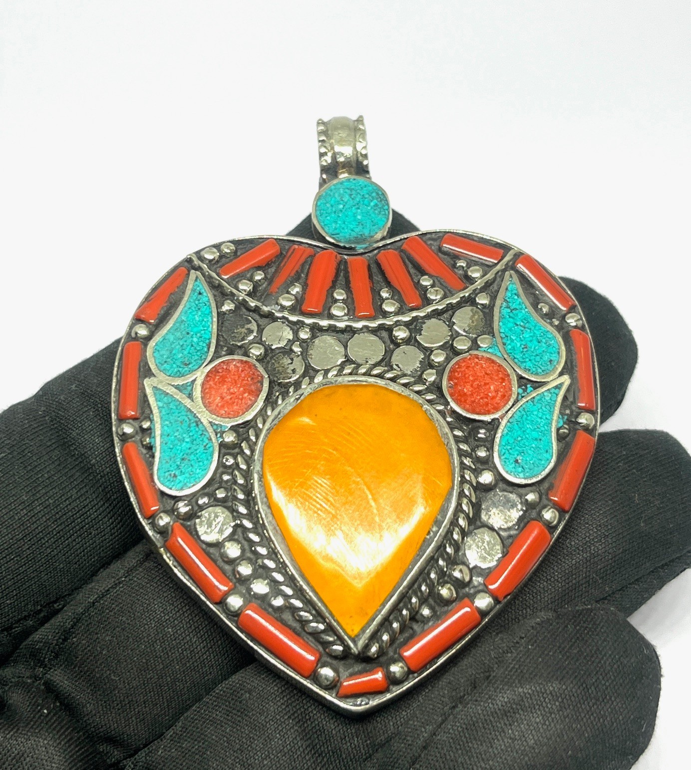 Vintage Coral Turquoise Amber Gemstone Tibetan Style Pendant Jewelry, 2.9 inch