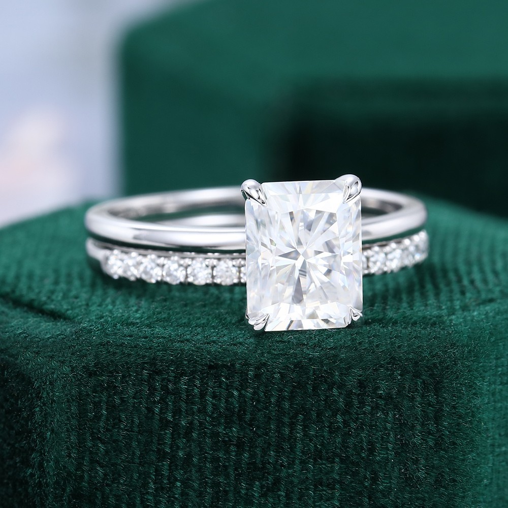 2.90 Ct Emerald Cut EF/VS1 Lab Grown Diamond Engagement Ring Set 14K White Gold
