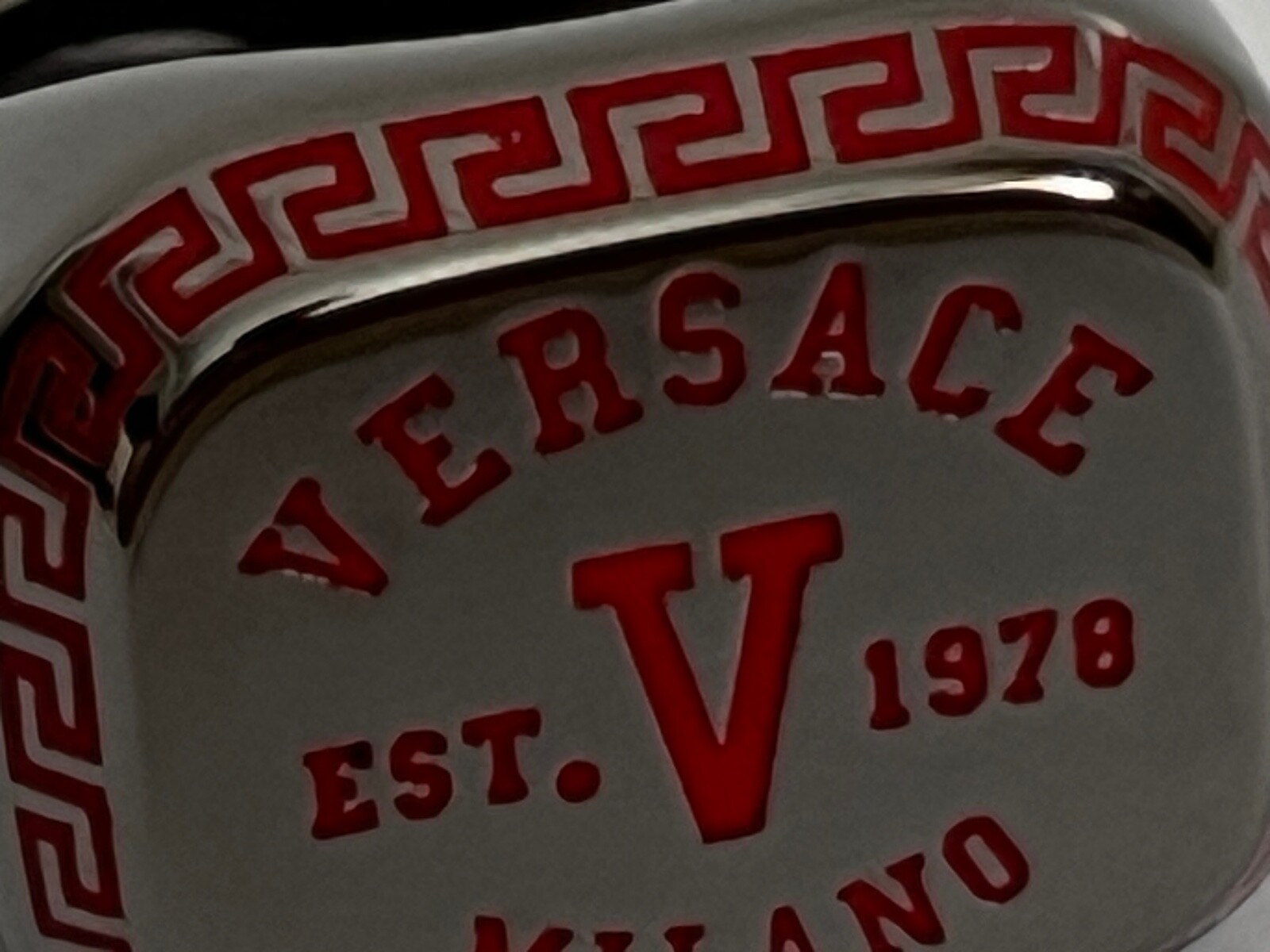 NIB Versace Varsity Red V Greek Key Logo Ruthenium Signet Ring Sz 17 US 8 $495