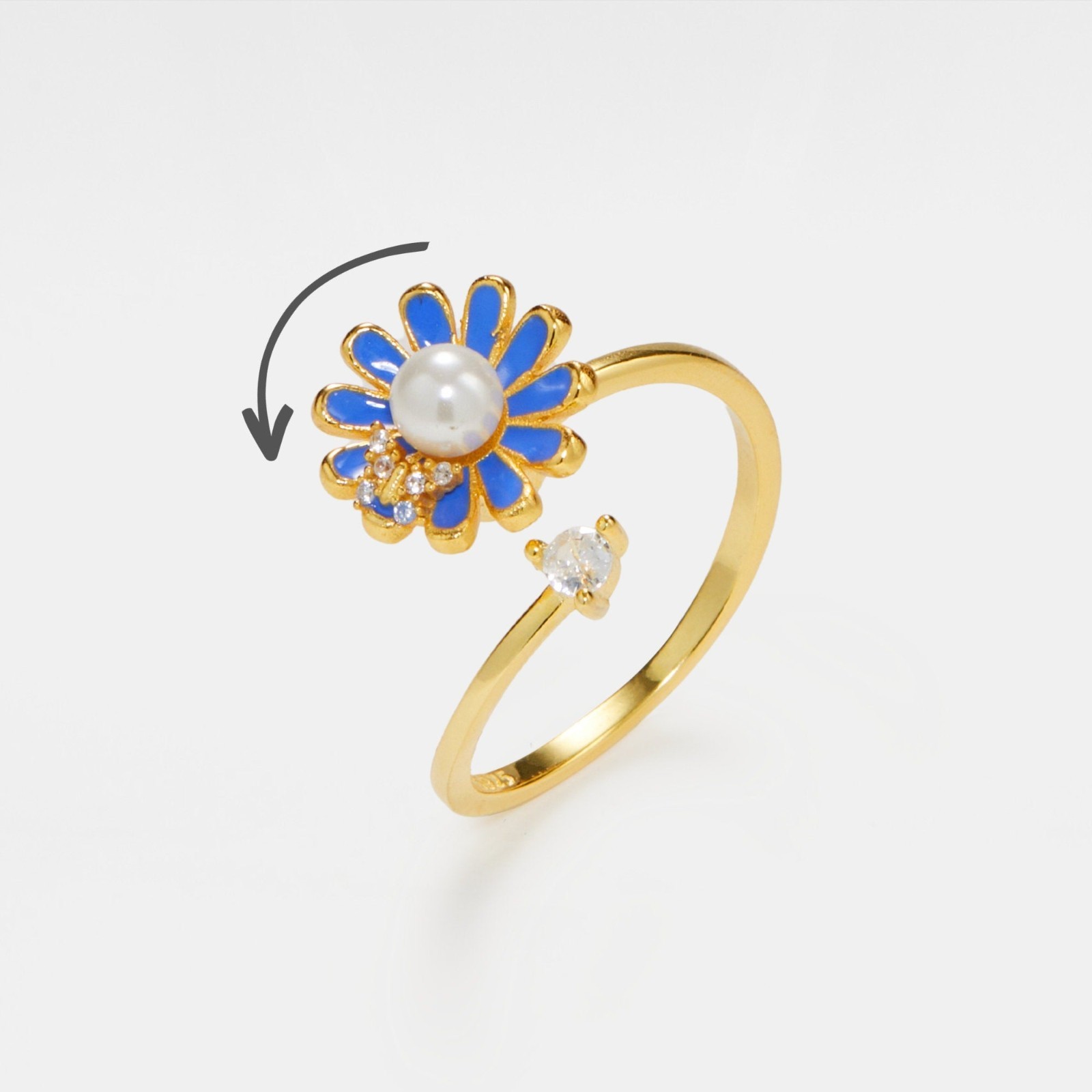 Blue Daisy Pearl Butterfly Flower Fidget Spinner Ring in 925 Sterling Silver