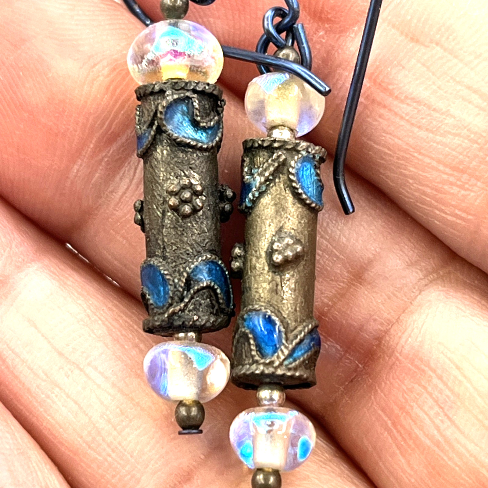 Vintage Chinese Export Blue Enamel Earrings 1.75″