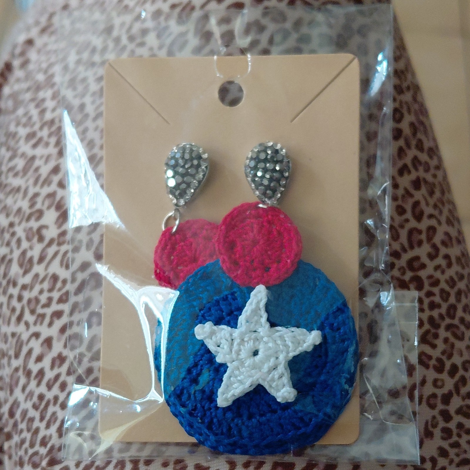 Handcrafted Crochet Star Dangle/Drop Earrings Blue Red White Silver Butterfly