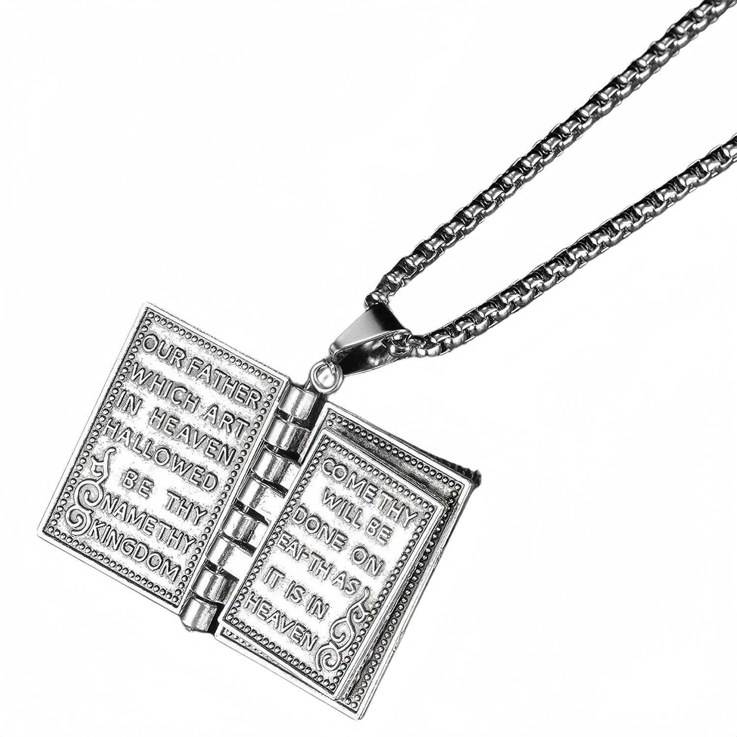 Silver Tone Hinged Bible Book Cross Pendant Necklace Religious Jewelry Unisex US