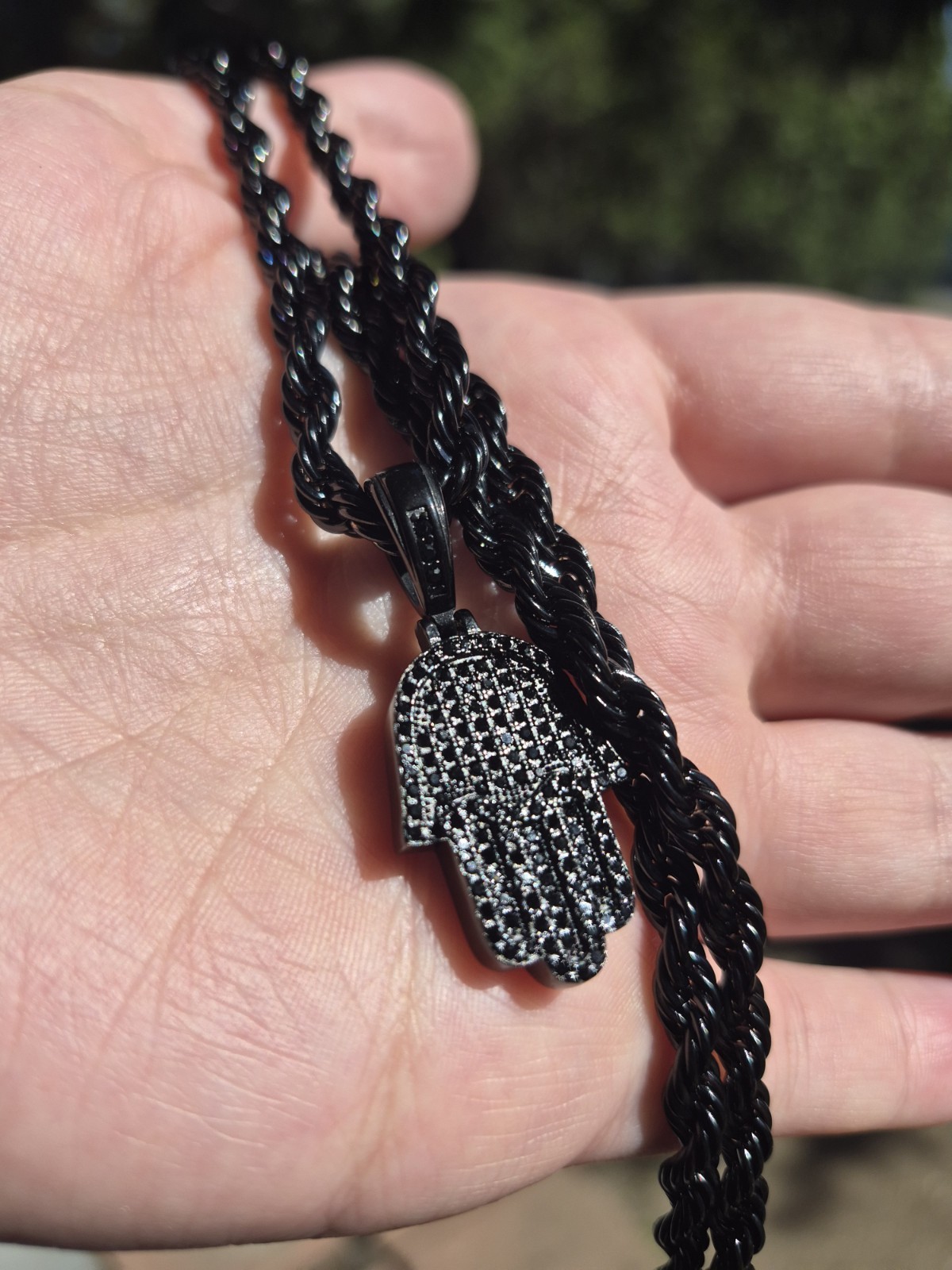 Hamsa Black Stainless Steel Rhodium 20in Twisted Rope Necklace Hamsa Pendant