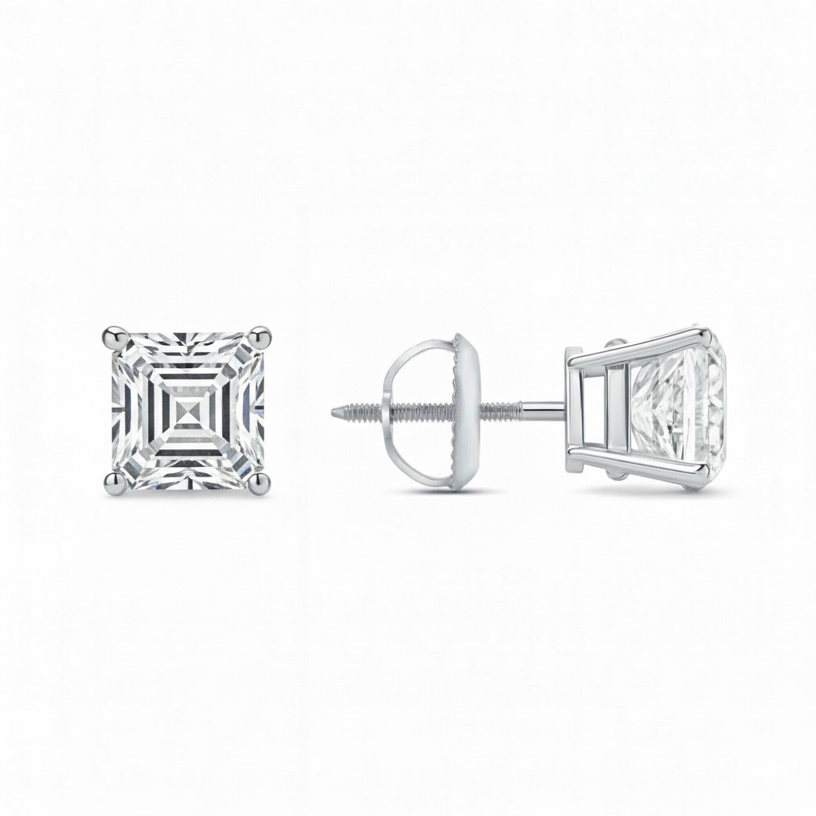1 Ct Asscher Lab Created Moissanite Earrings 18k White Gold Vermeil Screw