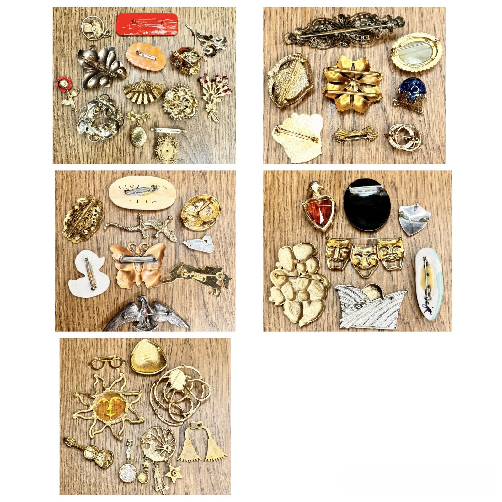 Vintage Estate Sale Brooch & Pin Lot 54 Pieces w/ 1940s Silhouette Jewelry Box