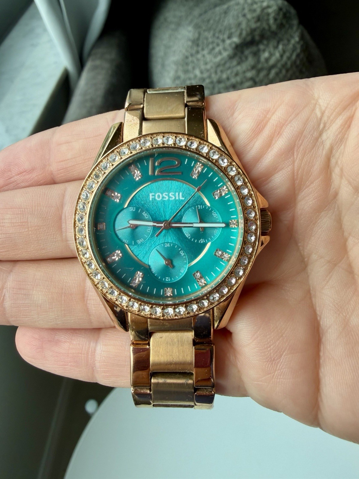 Fossil Gold Tone Wrist Watch for Women/ Teal Dial/ Working/ New Battery
