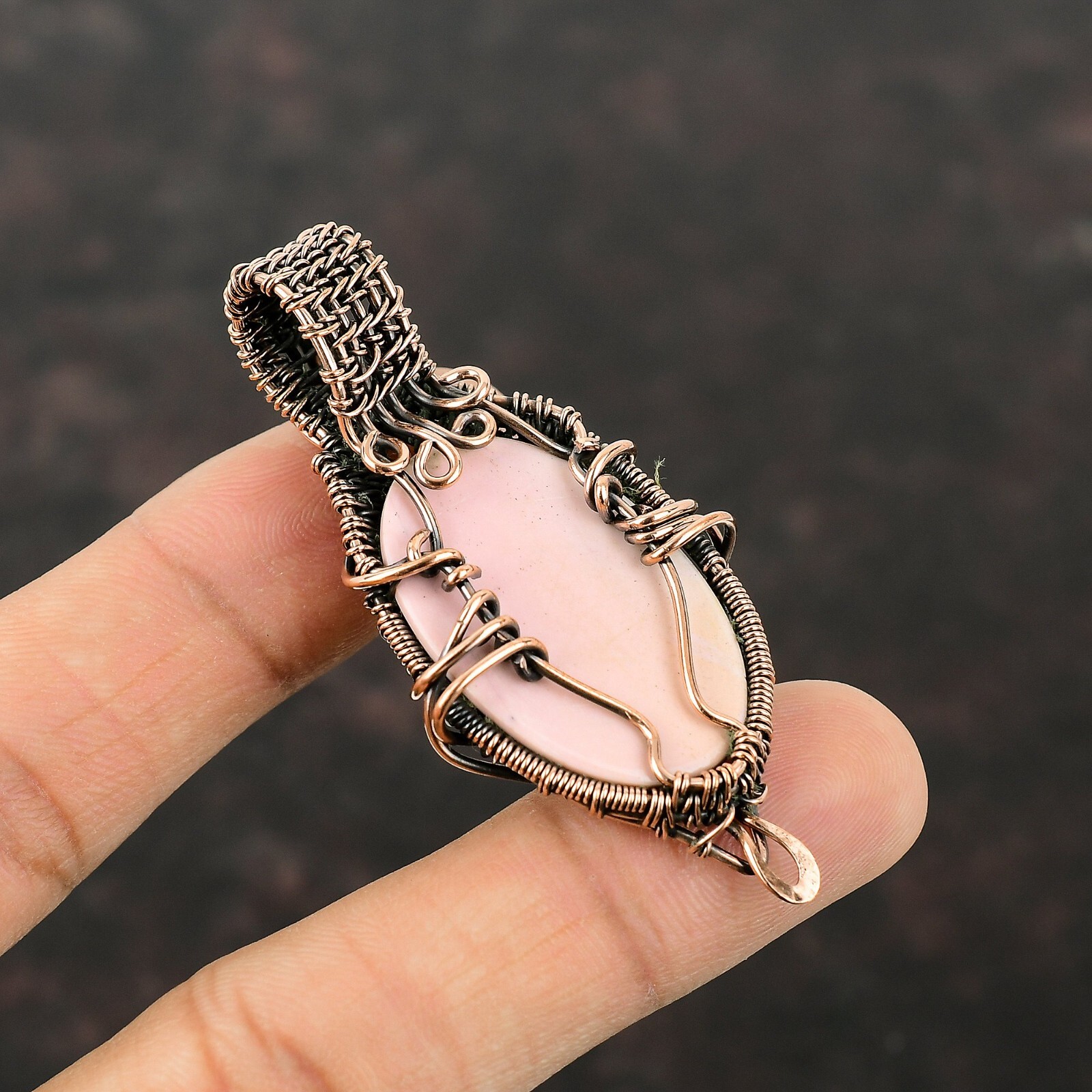Wedding Gift For Her Copper Pink Opal Jewelry Wire Wrapped Pendant 2.56″