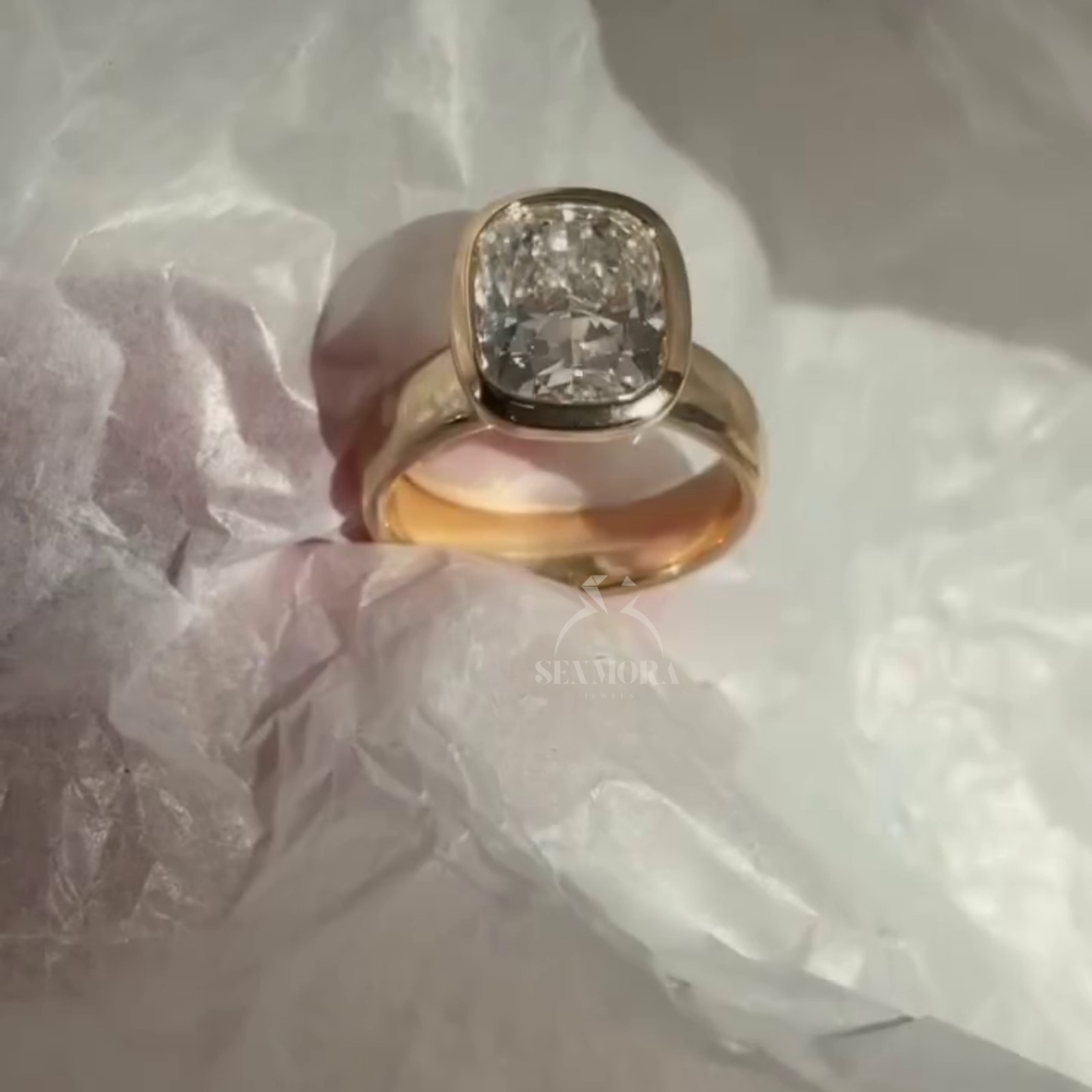 4 CT Elongated Cushion Cut Moissanite Wide Band Chunky 14 Yellow gold plated