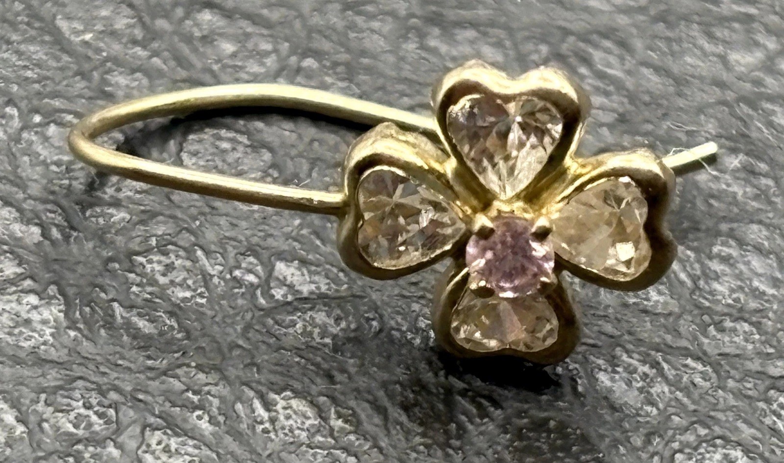 10K Solid Yellow Gold Pink & White CZ Four Leaf Clover *Single* Earring