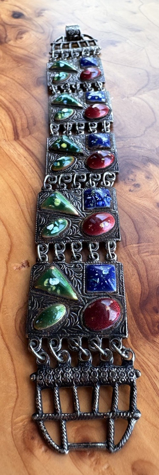 Vintage Enamel Panel Bracelet Blue Red Green Ceramic Boho Beauty!