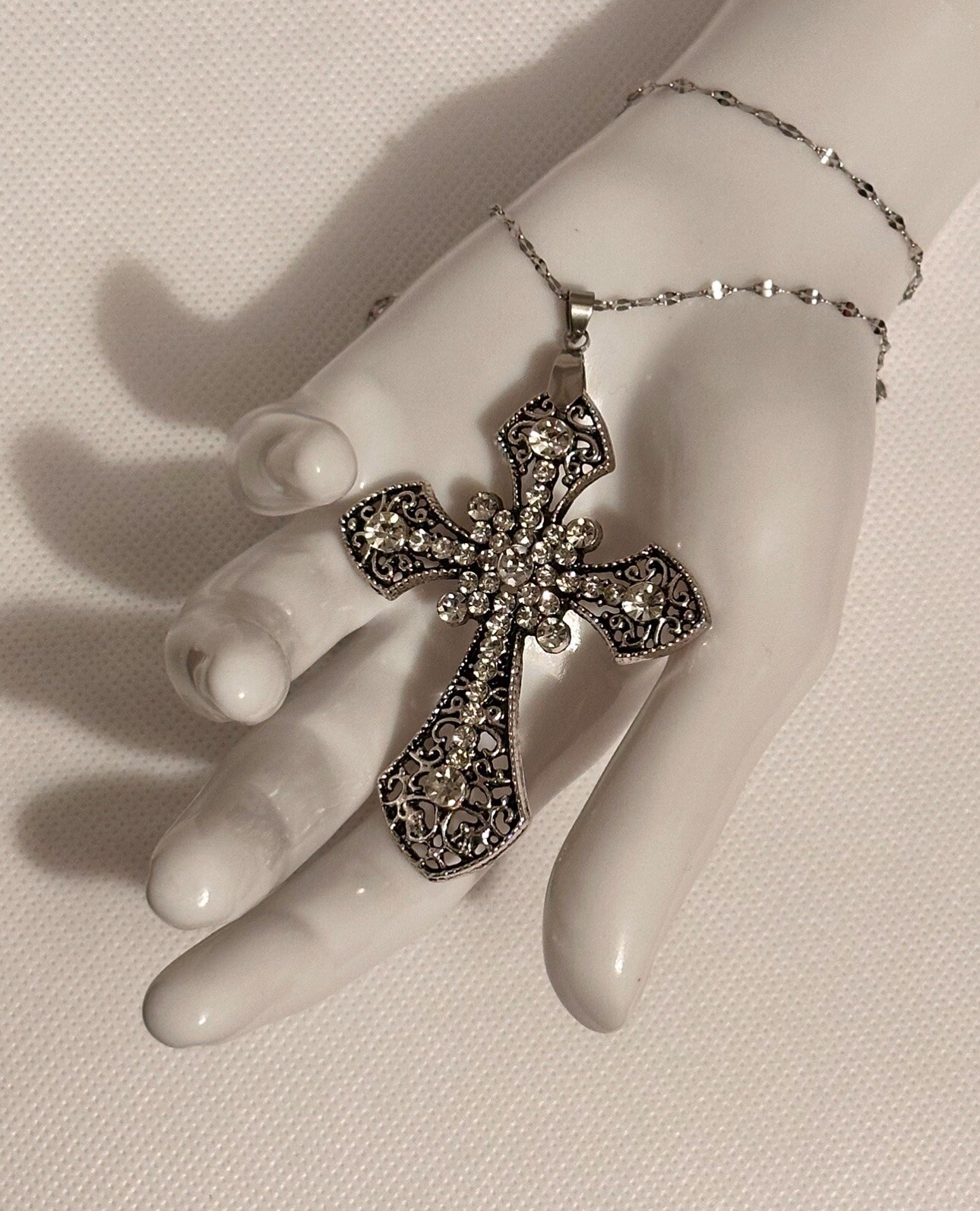 Large Victorian Cross Necklace Chain Silver Religious Gothic Grunch Whimsgoth