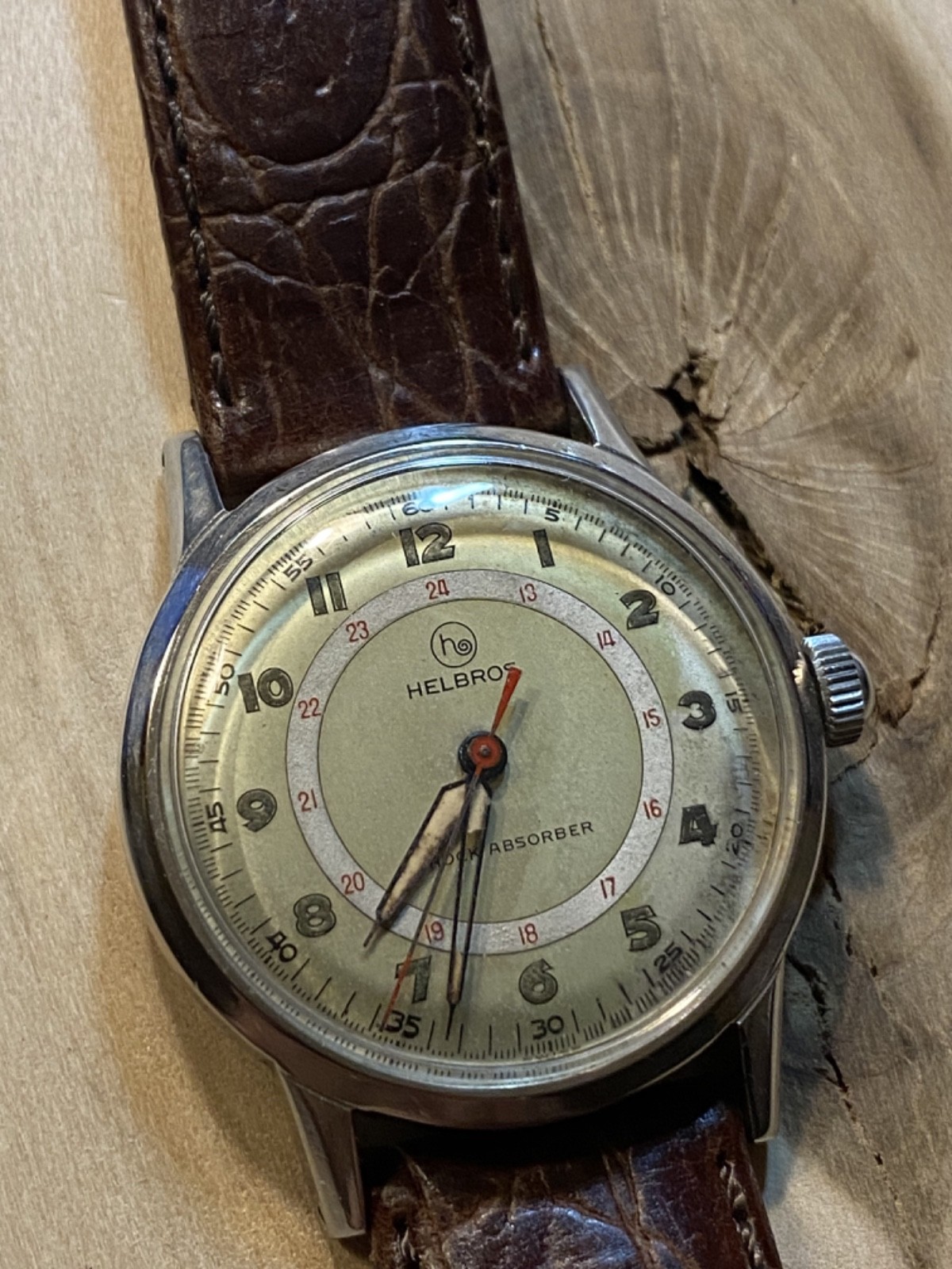 1950’s 3X Helbros ALL S.S. w/24Hr Dial- Mil. Era, Cal. 200 Timepiece & Runs!