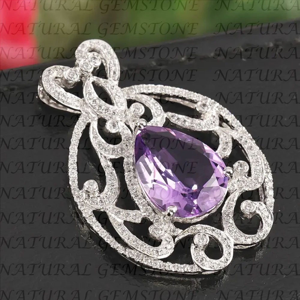 6.80Carat Pear Shape Natural Amethyst and Diamond Pendant 18K White Gold Plated