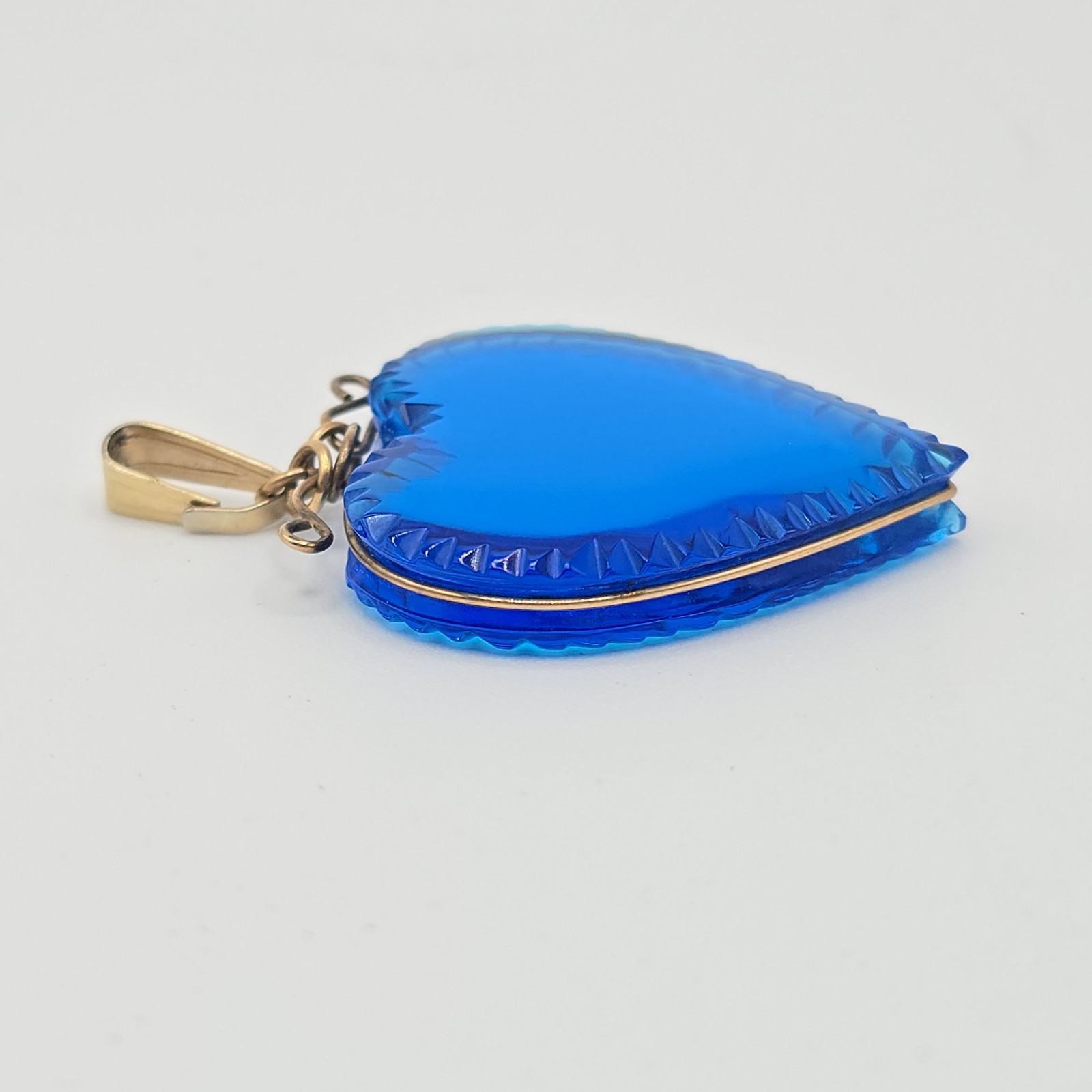 VTG Pressed Glass Heart Pendant 2 Pc Lot, Blue & Clear, Gold Tone Wire Wrapped