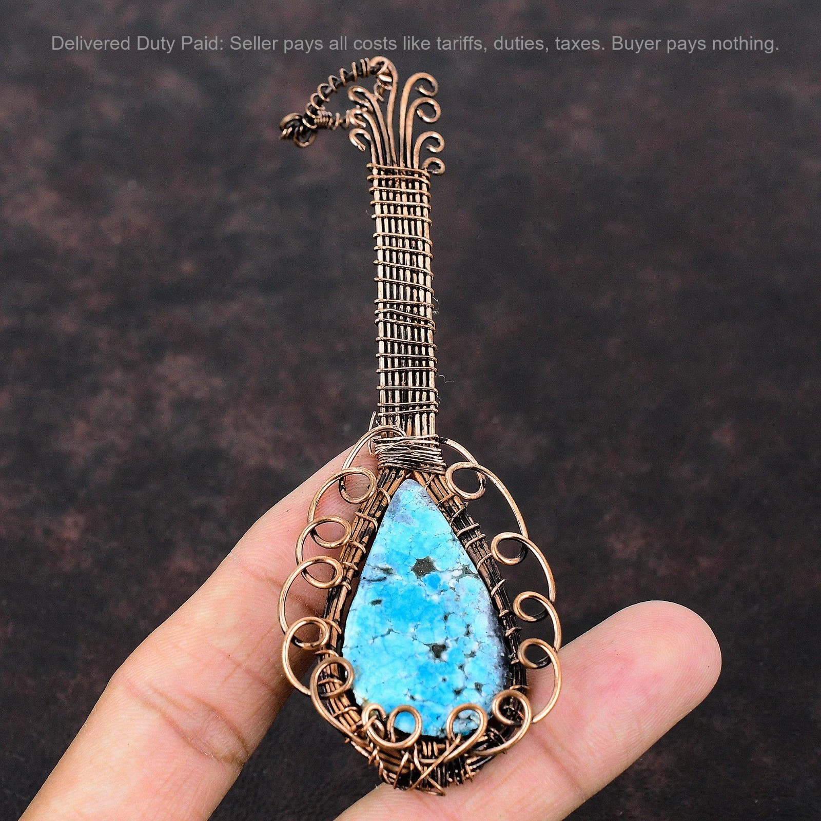 Pear Tibetan Turquoise Stone Copper Wire Wrapped Guitar Throat Chakra Pendant