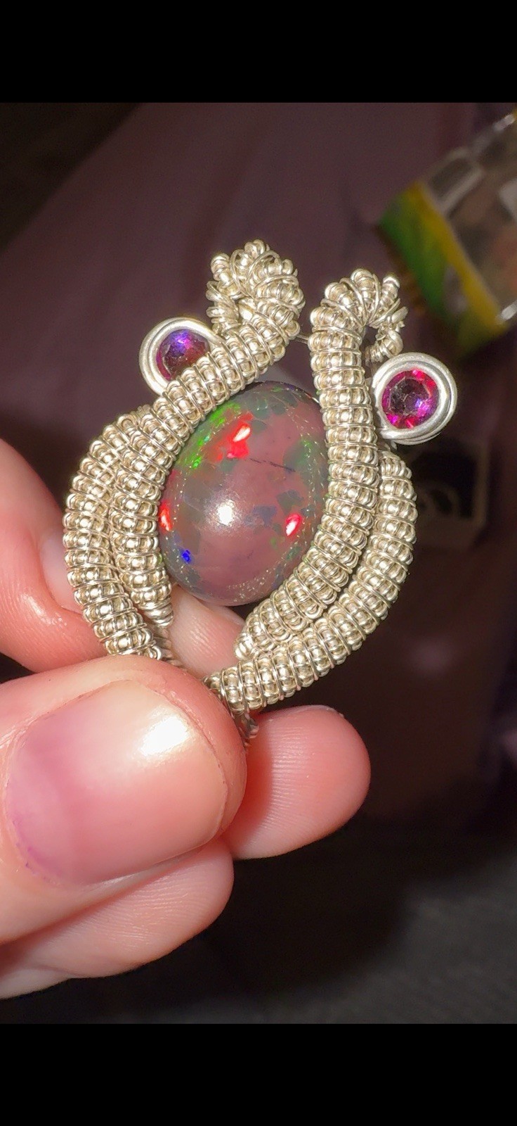 Wirewrapped smoked honeycomb Multicolor Opal & gem pendant
