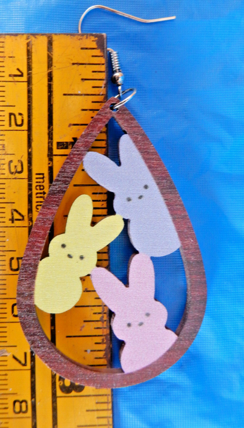 A-DOR-ABLE PEEPS BUNNY WOODEN CUTOUT EARRINGS, PERFECT 4 EASTER, SPRING, ANYTIME