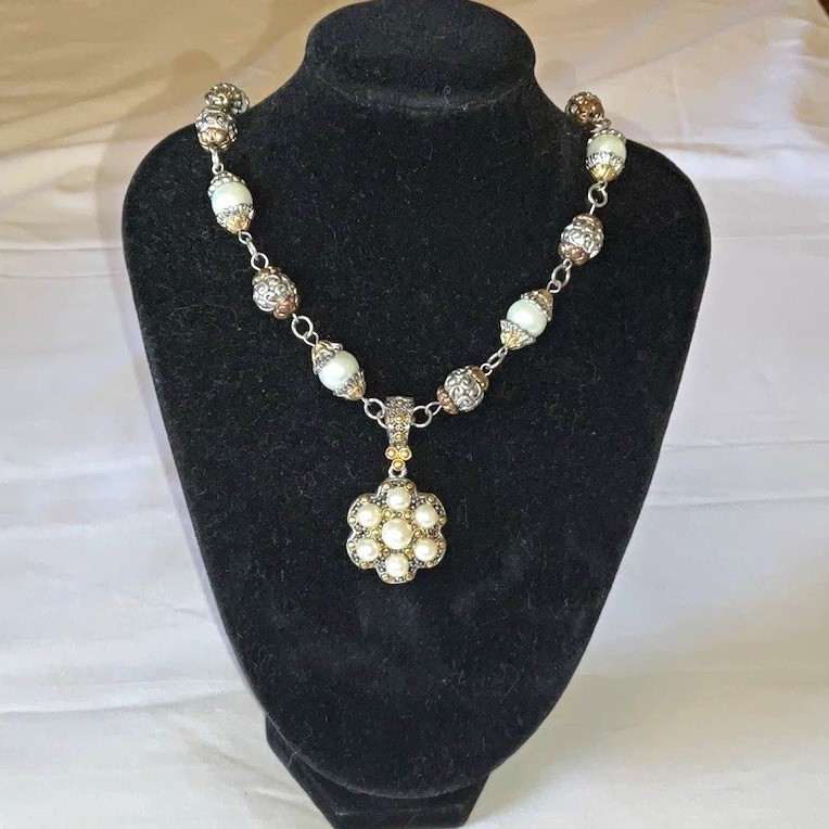 Silver and Bronze Tone Cable Chain Necklace Simulated Pearl 18 in