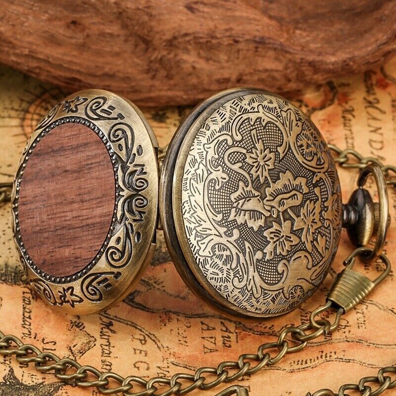 Bronze Nature Wood Alloy Case Men Women Quartz Pocket Watch Necklace Pendant