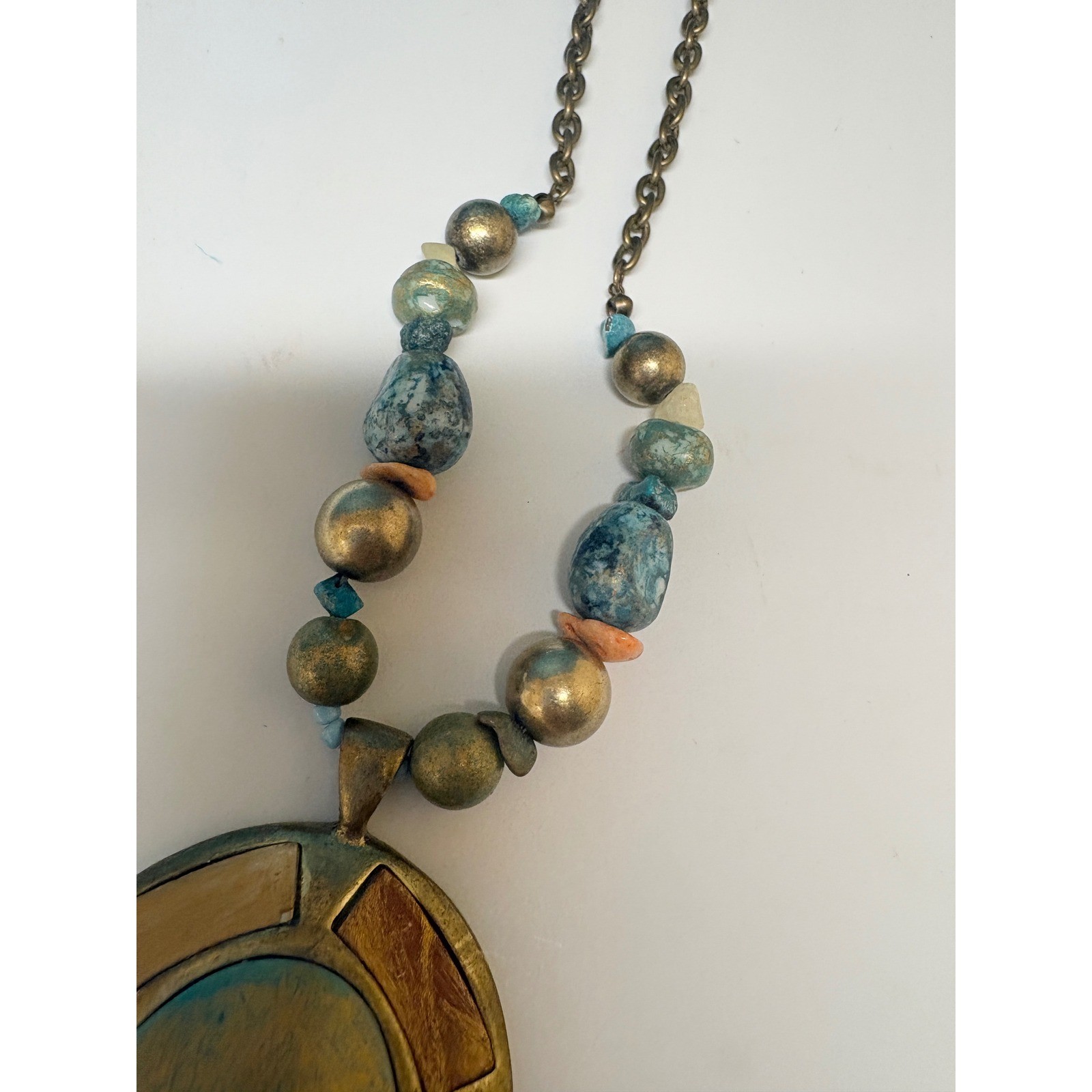 Moussa Artisan Brass Beaded Statement Necklace Teal Gold Oval Pendant Boho