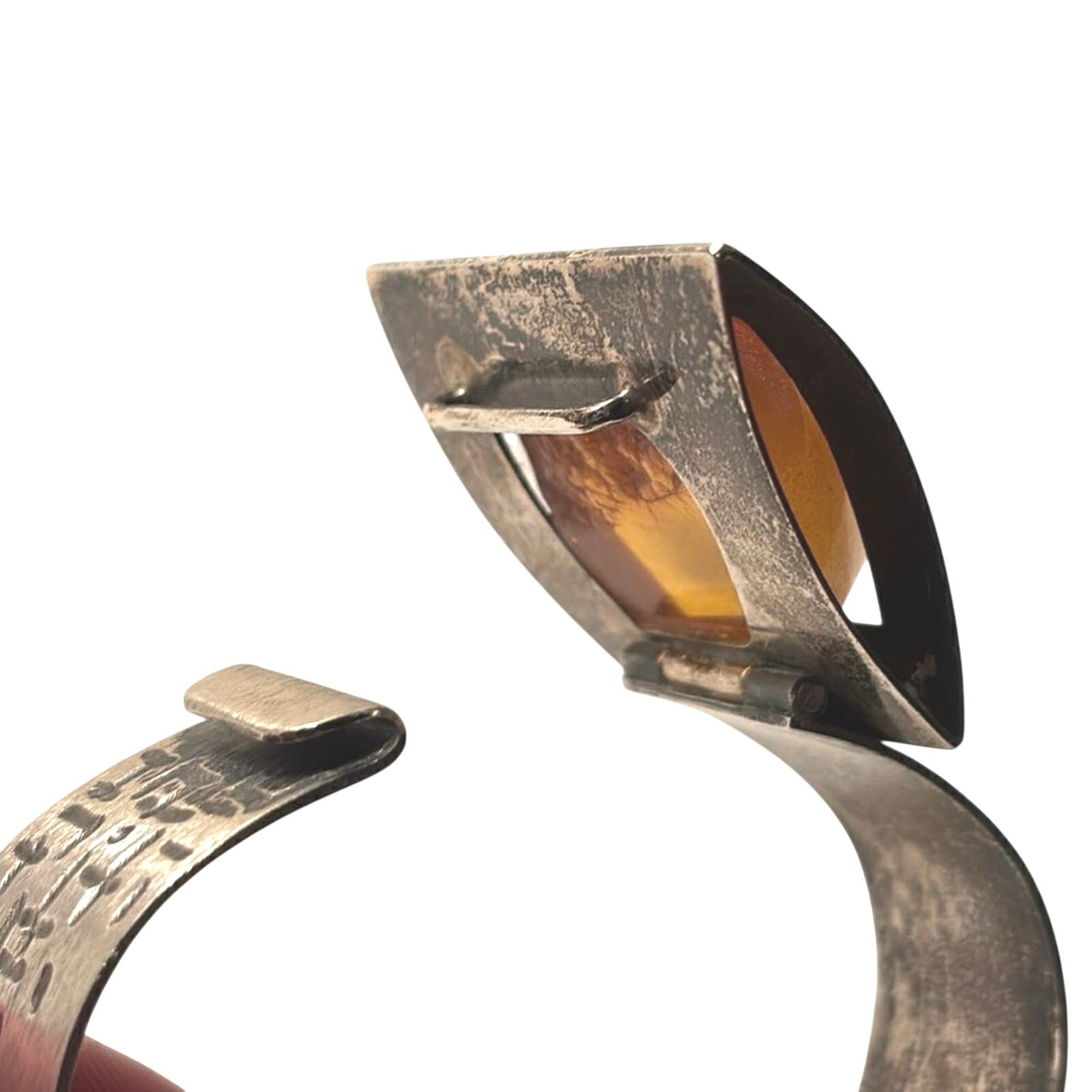 Vintage Sterling Silver Baltic Amber Brutalist Hinged Cuff Bracelet