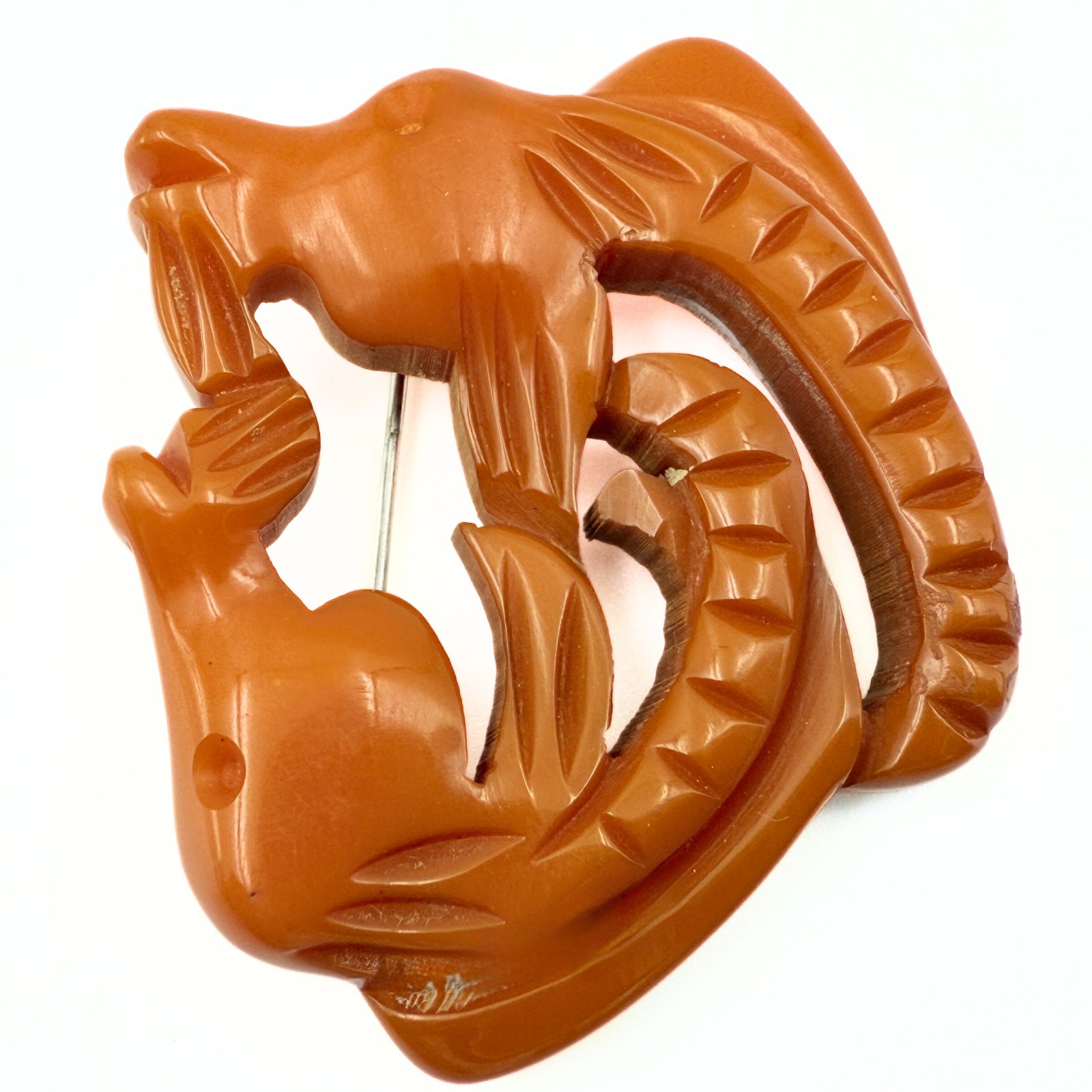 Vintage Chinese Export Carved Chestnut Bakelite Figural Goats Head Brooch